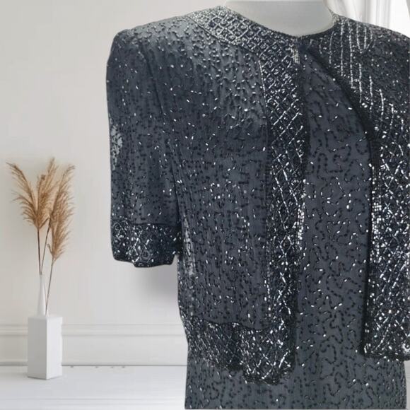 Vintage Beaded Silk Evening Gown Set Black Dress Jacket Size L Formal Gala - Picture 6 of 11